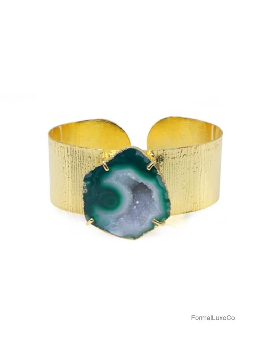 Natural Green Agate Geode Druzy Gold Plated Cuff Bracelet Adjustable